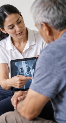 A clinician reviewing a hip X-ray with a patient during a consultation
