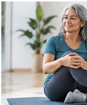 A woman sitting comfortably cross-legged on a mat, smiling