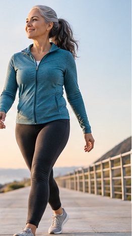 A woman walking confidently along a boardwalk